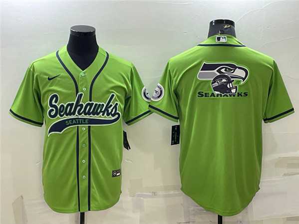Mens Seattle Seahawks Green Team Big Logo With Patch Cool Base Stitched Baseball Jersey